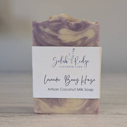 Soap bar with a Selah Ridge label on a wooden surface